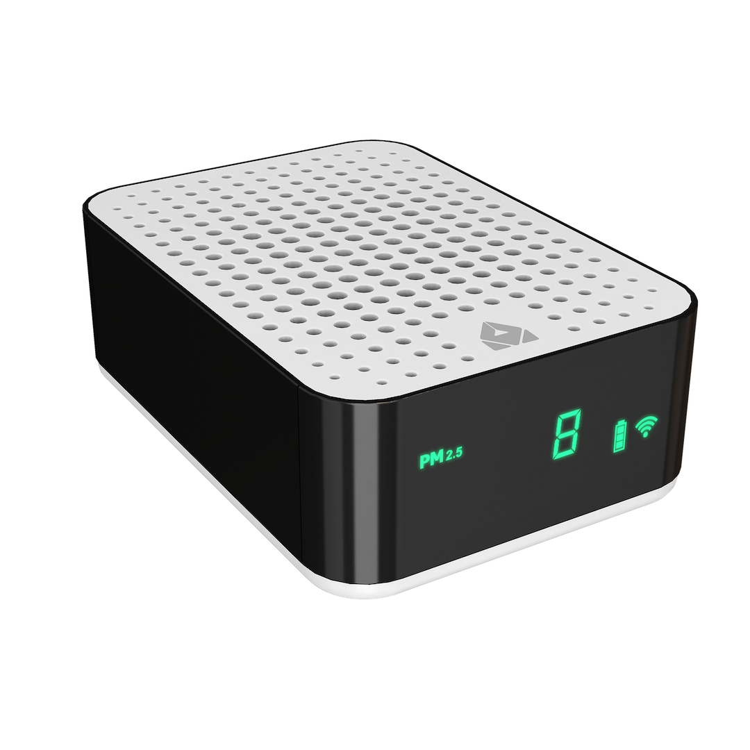 The AirSoap wireless AQI detector, a small white and black unit with a green PM2.5 readout