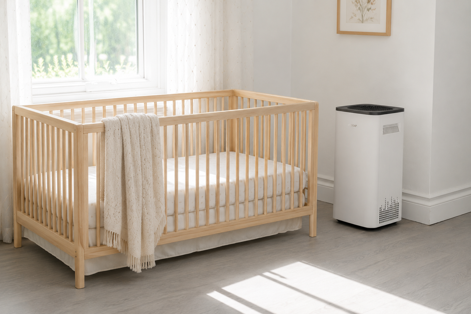 AirSoap air purifier running quietly in a calm baby nursery beside a crib