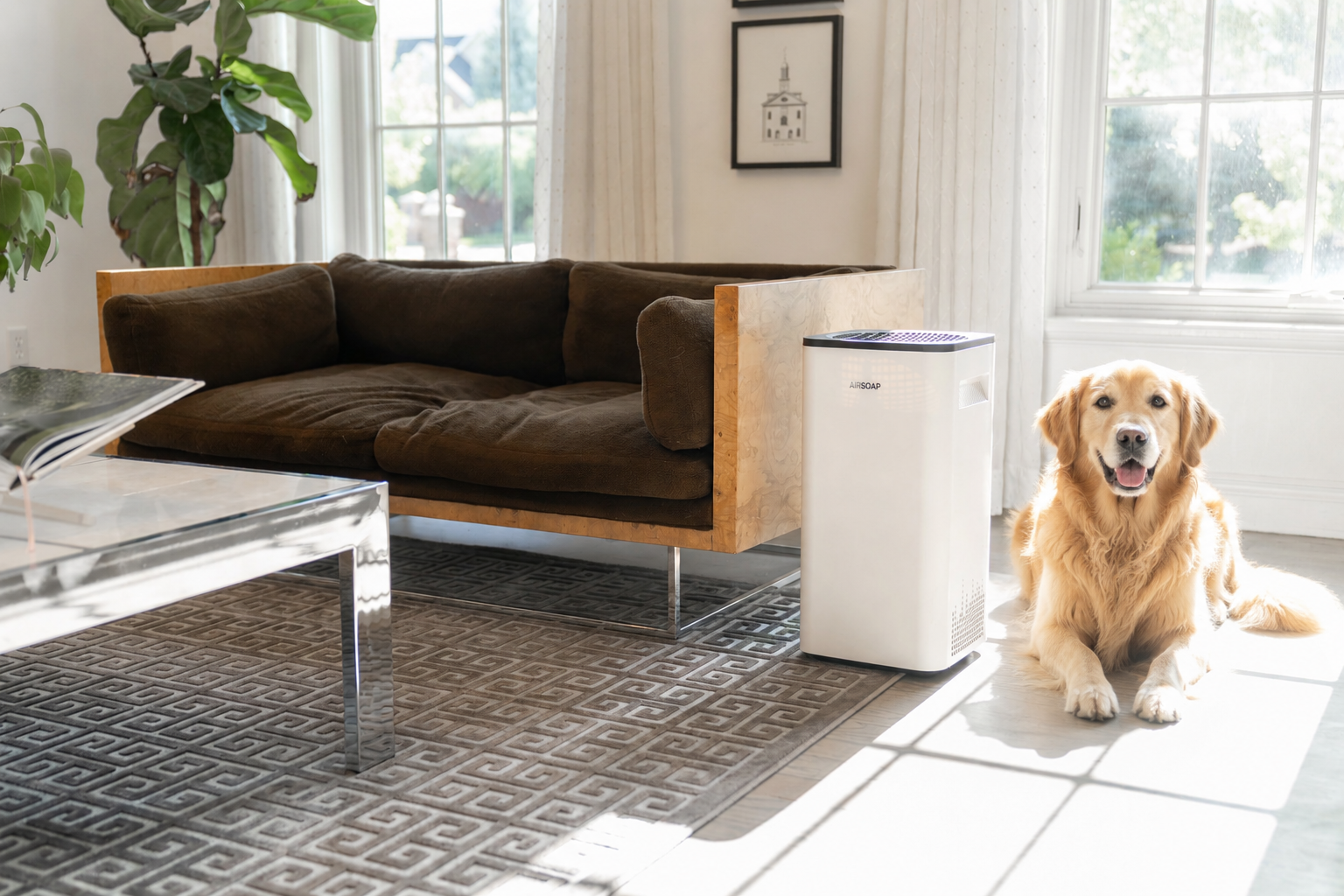 AirSoap air purifier in a living room with a pet resting nearby