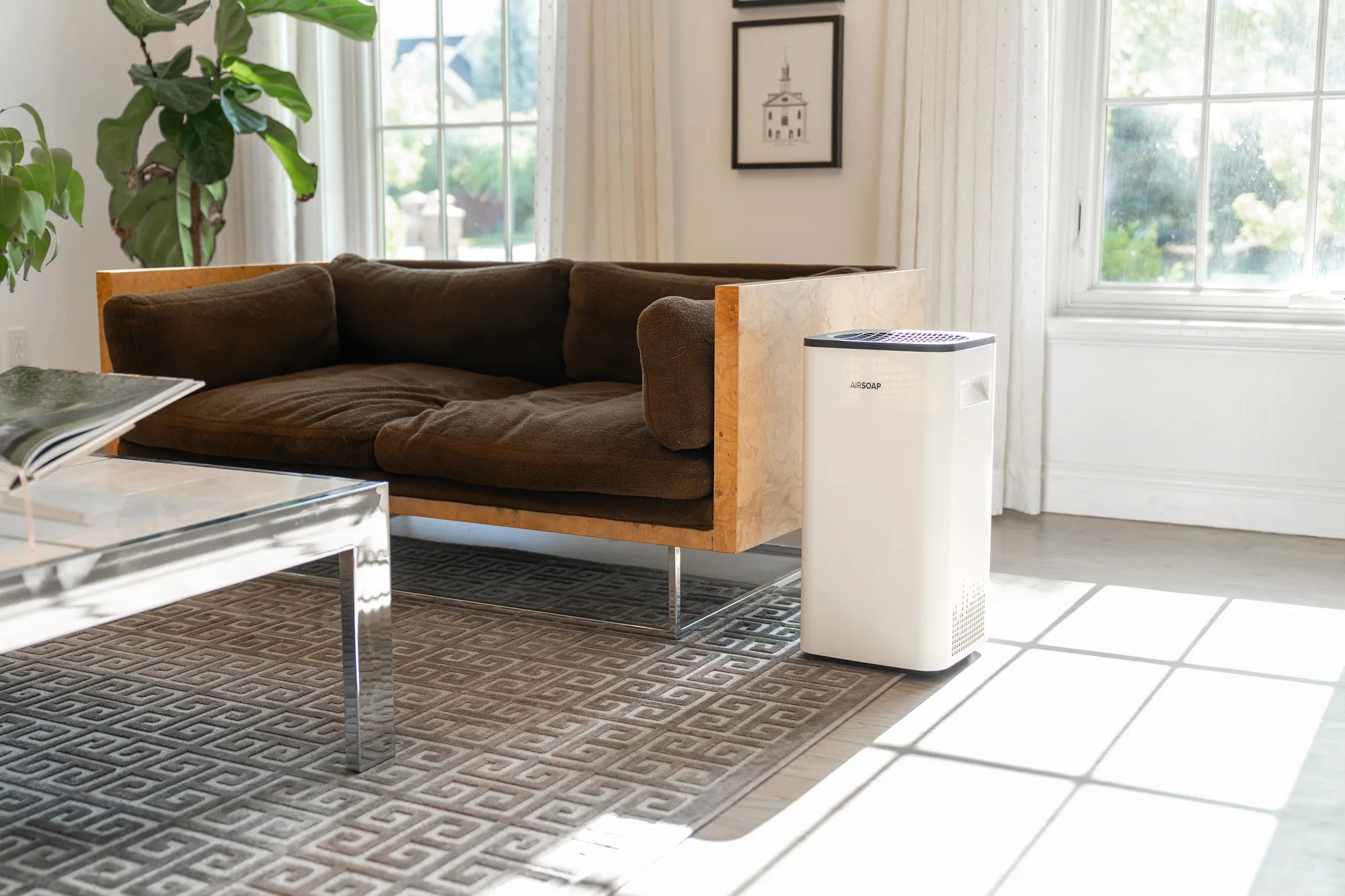 AirSoap air purifier in a bright, modern living room