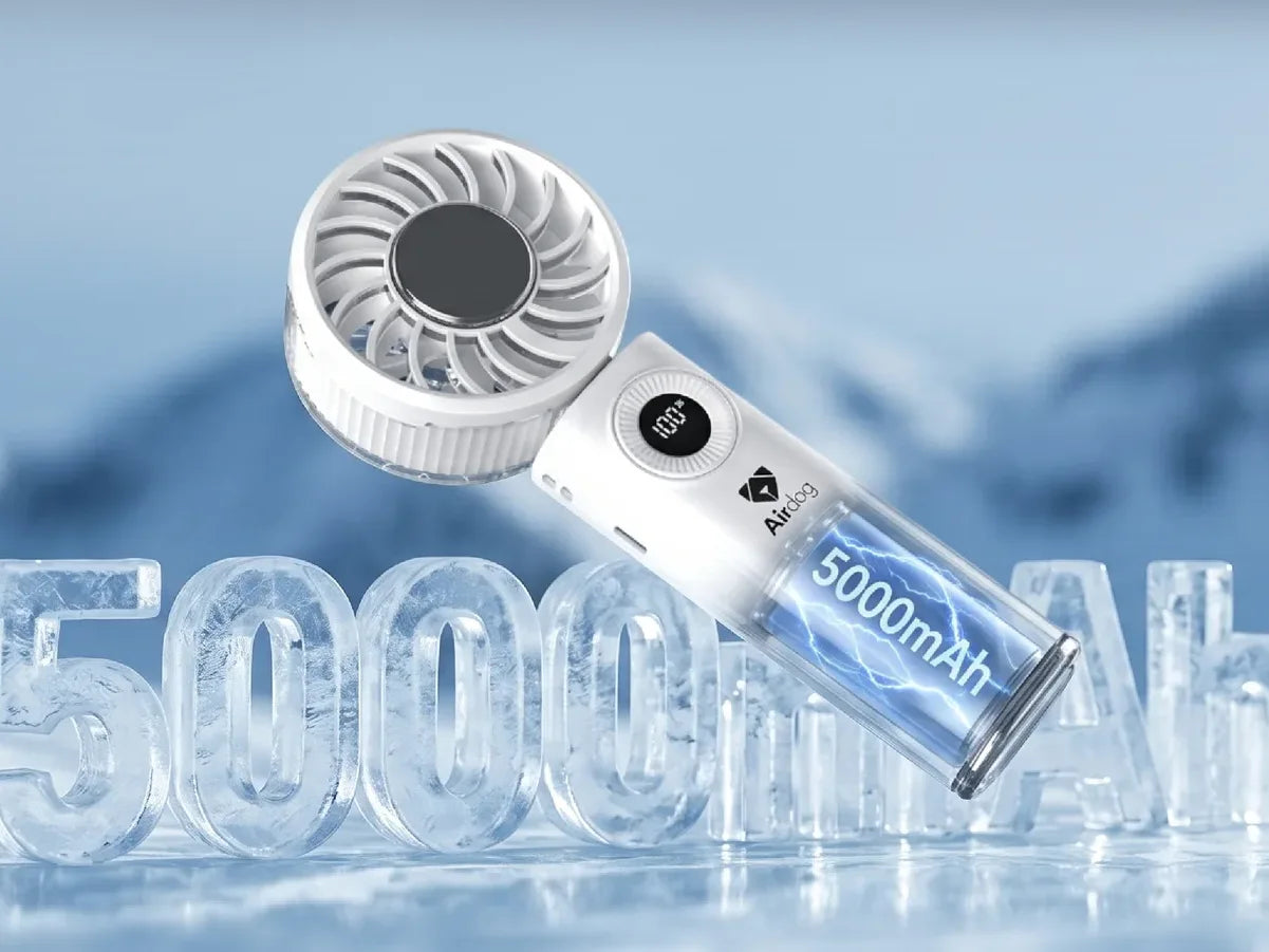 Airdog F200 cooling fan with its 5000 mAh battery illustrated in ice
