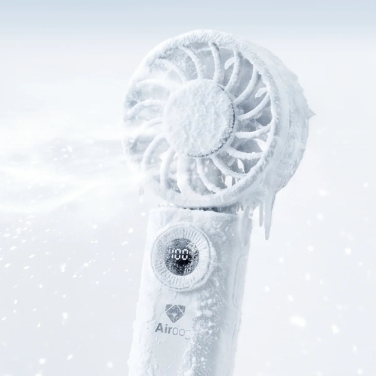Airdog F200 handheld cooling fan covered in frost - the TEC chip blows real cold air