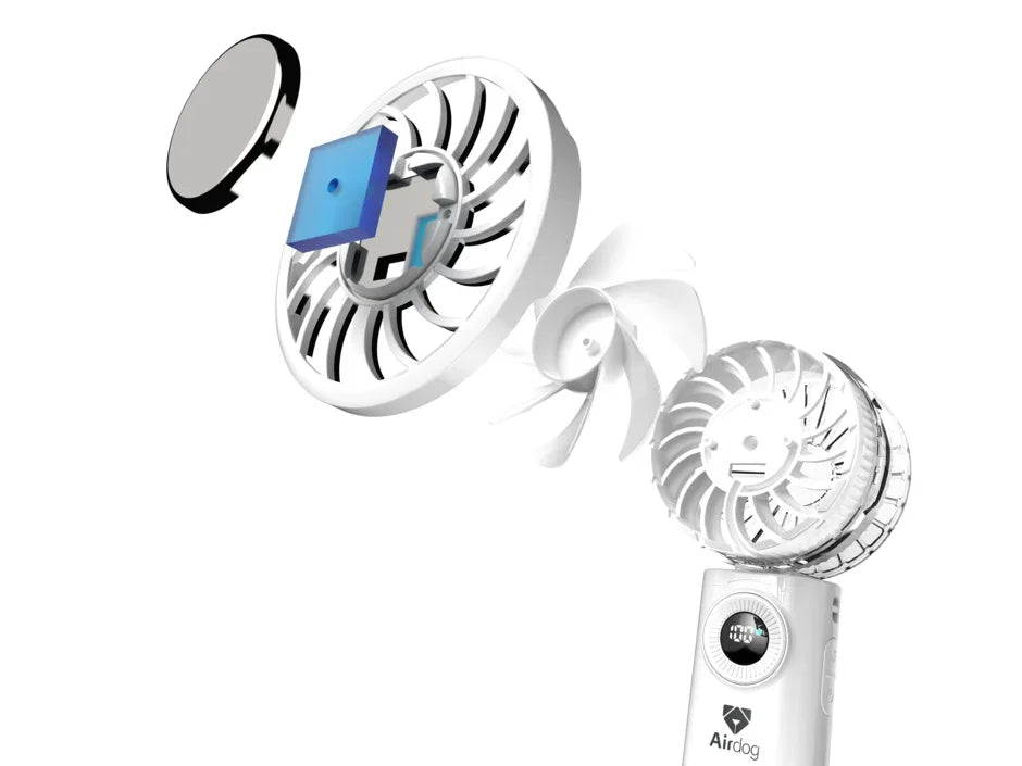 Exploded view of the Airdog F200 showing the thermoelectric (Peltier) cooling chip behind the cool-touch plate