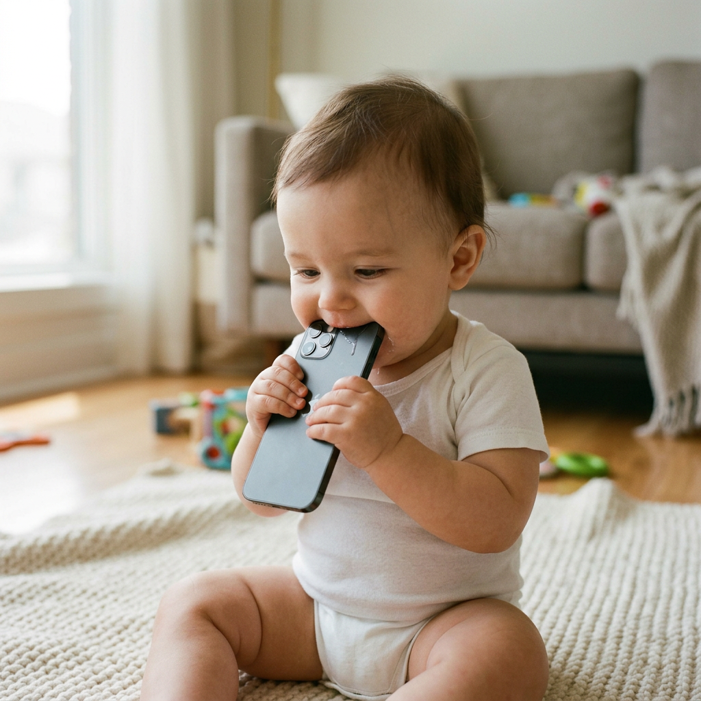 A baby holding a parent's shared phone