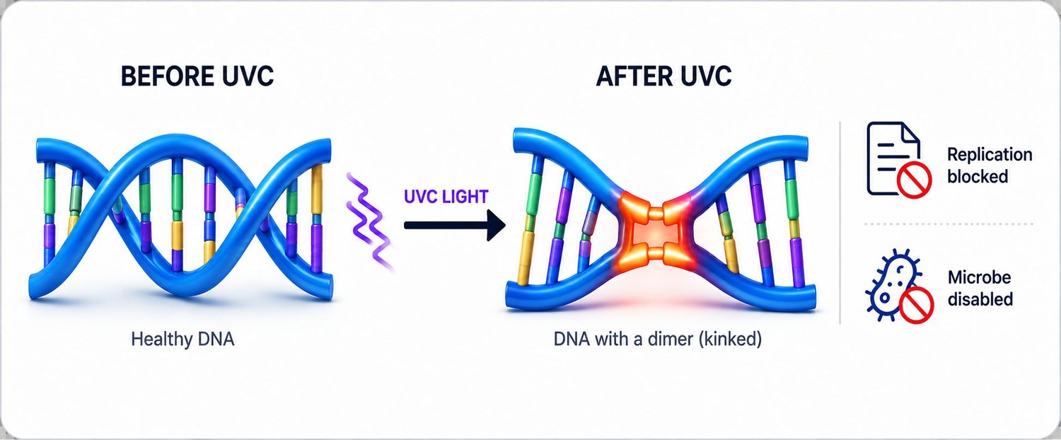 Before and after UV-C: healthy DNA versus DNA with a thymine dimer that kinks the strand, blocking replication and disabling the microbe