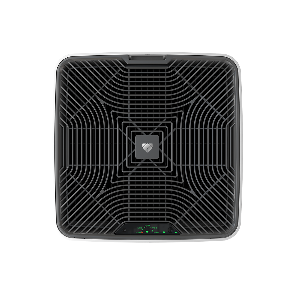 Top-down view of the AirSoap X8 showing the grille and the air-quality readout